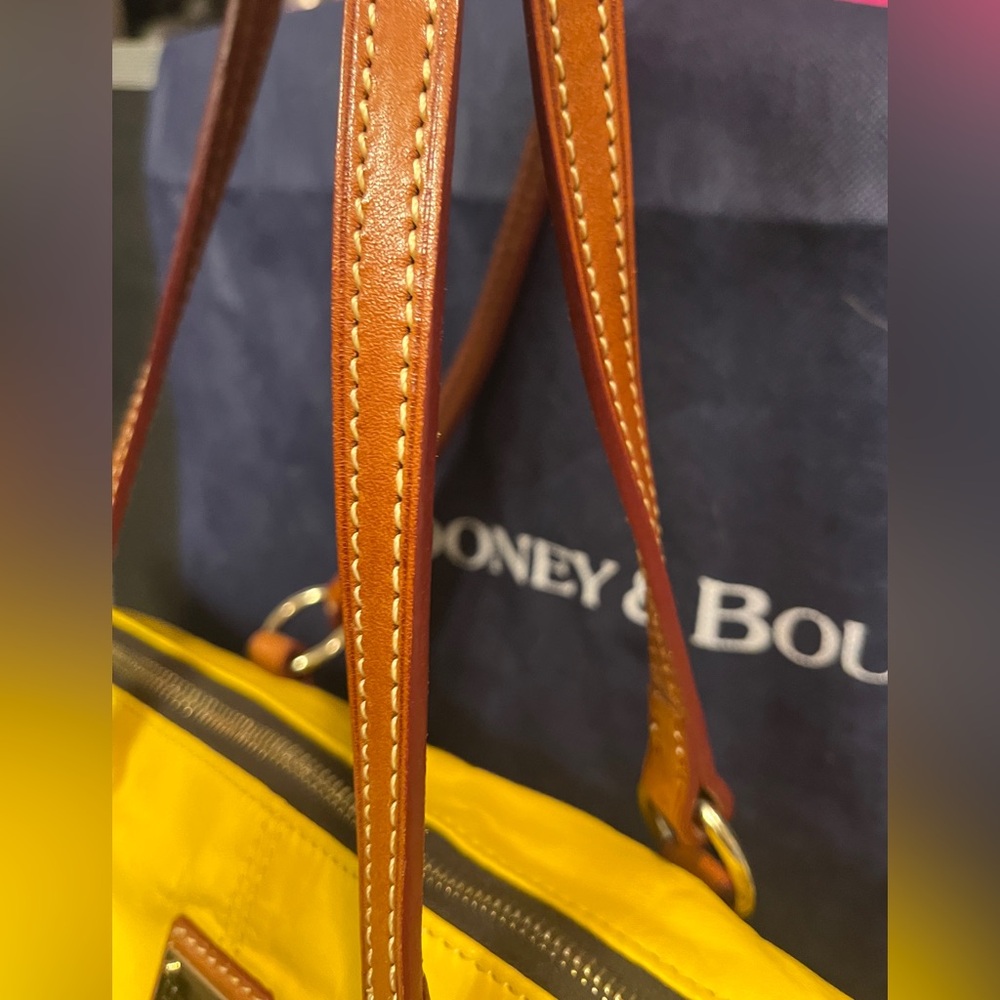 Dooney & Bourke Bright Yellow Leather Tote with Brown Straps and Dust Bag - Picture 7 of 16